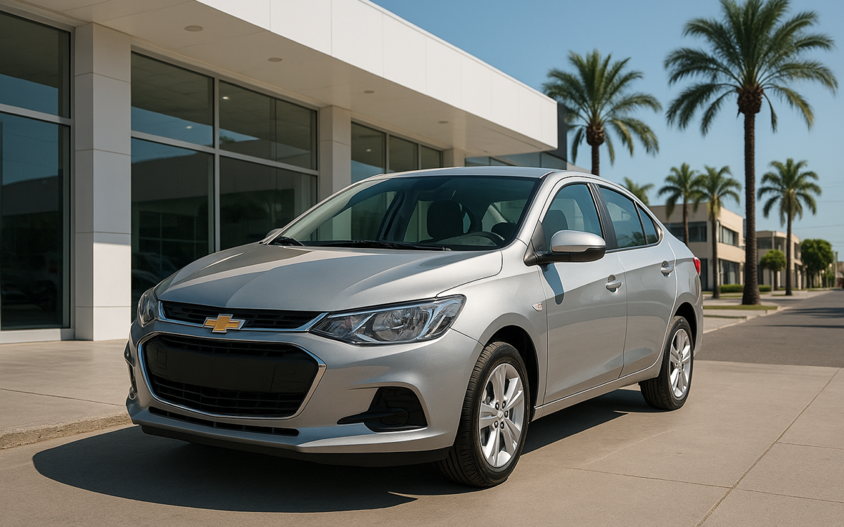 Chevrolet Aveo sedán estacionado frente a distribuidora en México