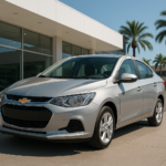 Chevrolet Aveo sedán estacionado frente a distribuidora en México