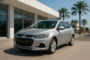 Chevrolet Aveo sedán estacionado frente a distribuidora en México