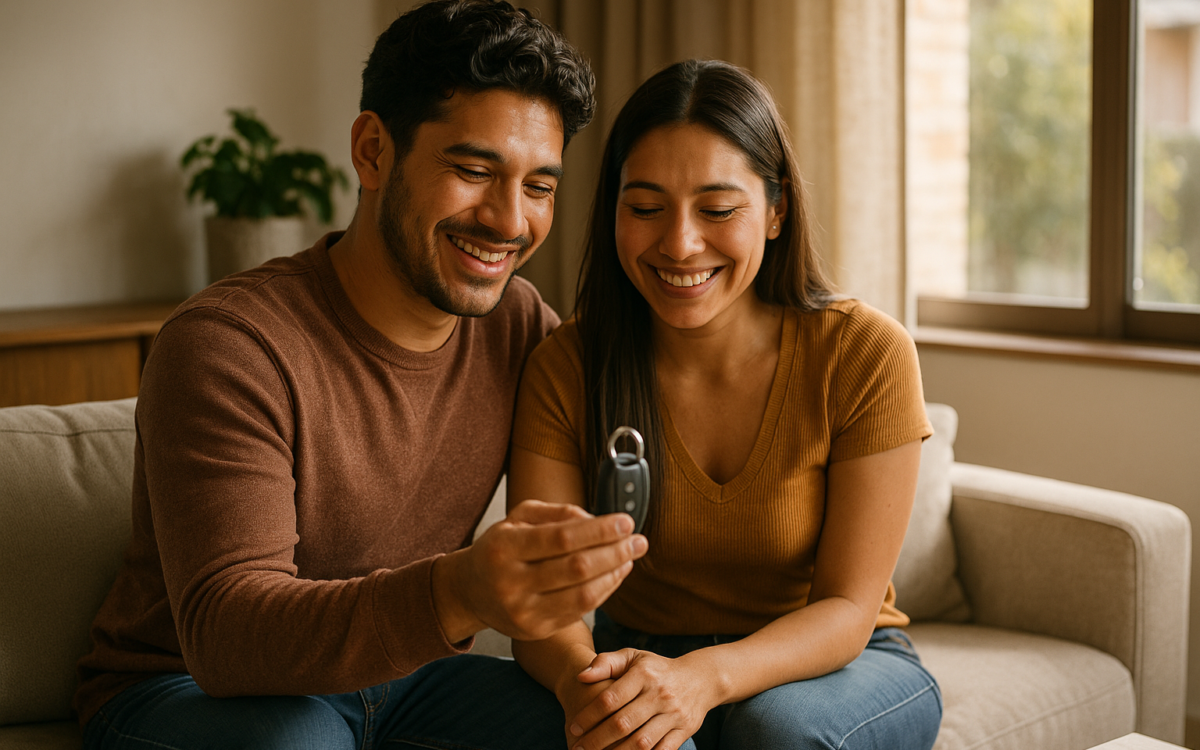 Pareja mexicana revisando la proteccion de su credito automotriz