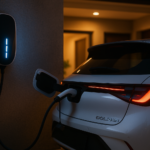 BYD Dolphin cargando en casa durante la noche con estación de carga doméstica en México