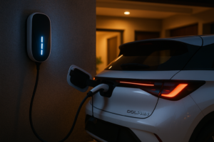 BYD Dolphin cargando en casa durante la noche con estación de carga doméstica en México