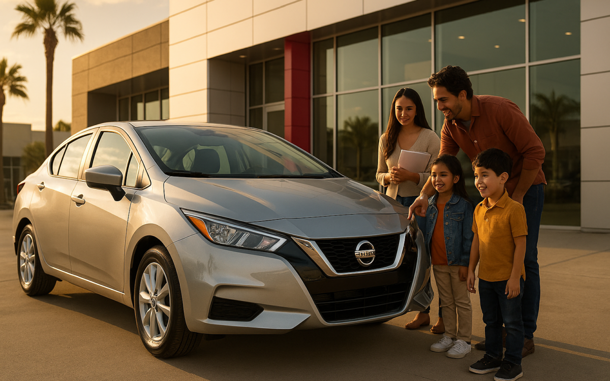 Nissan Versa sedán plateado frente a agencia automotriz en México con familia mexicana