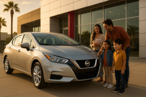 Nissan Versa sedán plateado frente a agencia automotriz en México con familia mexicana