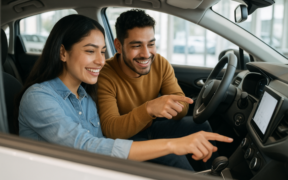 Pareja evaluando qué tan bueno es el BYD Dolphin en distribuidora