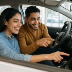 Pareja evaluando qué tan bueno es el BYD Dolphin en distribuidora