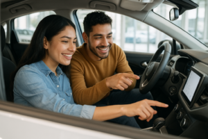 Pareja evaluando qué tan bueno es el BYD Dolphin en distribuidora